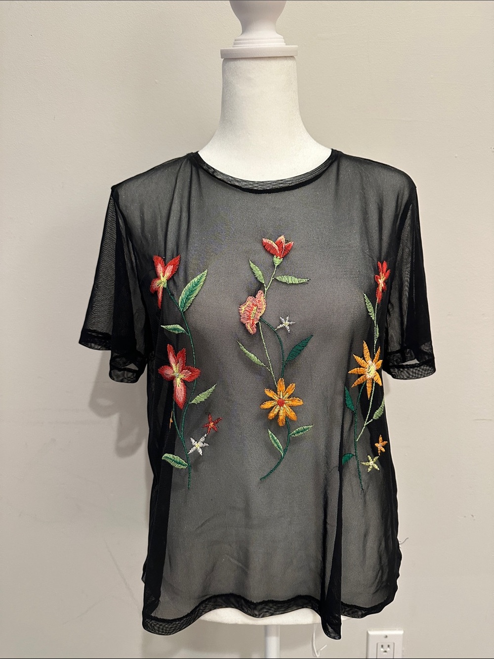 Zara Black Sheer Tee with Multicolor Floral Embroidery